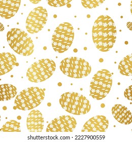 Abstract seamless golden easter eggs and spots pattern on white background. 