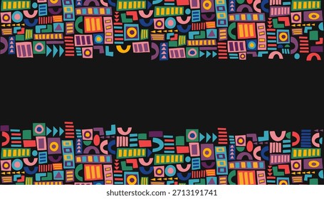 Abstractas Anuncio geométrico horizontal sin costuras. Patrón étnico africano brillante. Vector plano dibujado a mano de fondo. Copiar espacio.