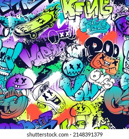 Abstract Seamless Graffiti Cartoon Character Pattern. Street Art Style Words And Monsters Endless Print For Sport Textile, Wrapping Paper. Repeat Teenagers Urban Ornament. Grunge Lettering Endless Art