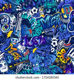 Abstract seamless graffiti comics pattern. Urban street art repeat print for fashion textile, sport clothes, wrapping paper. Teenagers endless ornament drawing in cartoon style.