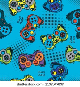 Abstract Seamless graffiti pattern with joystick. Gamer elements for boy t-shirt design. Repeat print with gamepad sign for boys textile and more
