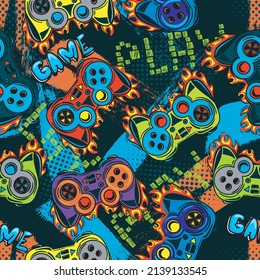 Abstract Seamless graffiti pattern with joystick. Gamer elements for boy t-shirt design. Repeat print with gamepad sign for boys textile and more
