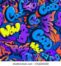 Abstract Seamless Graffiti Pattern. Street Art Words Repeat Print For Teenagers Textile, Childish Clothes, Wrapping Paper. ABC Repeated Ornament.