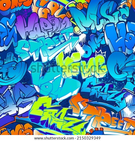Abstract seamless graffiti pattern. Street art style print for sport textile, clothes, wrapping paper. Repeat teenagers urban ornament. Grunge lettering endless art