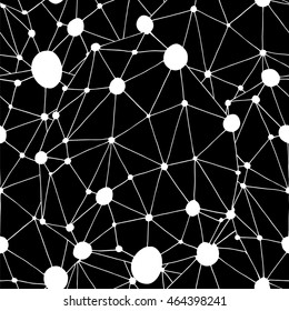 Abstract seamless graphic background with connected line and dots, vector black and white illustration, molecule and communication hand drawn background