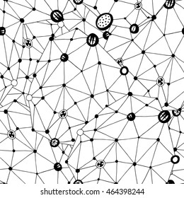 Abstract seamless graphic background with connected line and dots, vector black and white illustration, molecule and communication hand drawn background