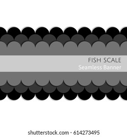 An abstract seamless gray-scale (black) paper cut out layered fish scale pattern vector banner decoration with shadows on a white background 