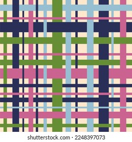 Abstract seamless grid pattern. Colorful rectangles or stripes. Wrapping paper, material, print, textile, fabric. Modern fashion style. Mosaic ornament. Pink, green, blue and light blue colors.