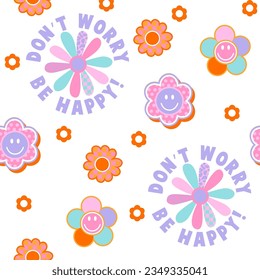 Resumen de un patrón de groovía sin fisuras con elementos retro, flores, eslogan. Fondo divertido de textura. Fondo de escritorio estilo adolescente fresco