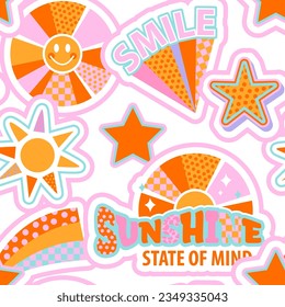 Abstract seamless groovy pattern with retro elements, words, sun, rainbow stickers. Funny texture background. Wallpaper cool teen style