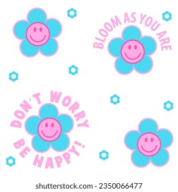 Resumen de un patrón de groovía sin fisuras con elementos retro, flores, eslogan. Fondo divertido de textura. Fondo de escritorio estilo adolescente fresco