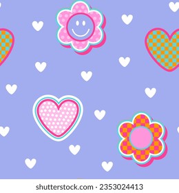 Abstract seamless groovy pattern with retro elements, flowers and hearts. Funny texture background. Wallpaper cool teen style