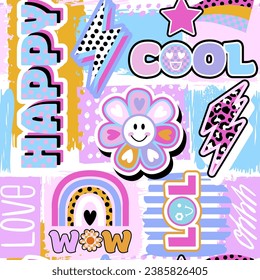 Abstract seamless groovy pattern with retro elements, words, sun, rainbow stickers. Funny texture background. Wallpaper cool teen style