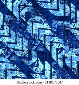 Abstract seamless grunge arrows pattern. Stripe repeat print. Monochrome blue grungy repeated ornament.