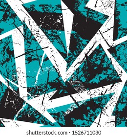 Abstract seamless grunge geometric pattern with curved lines, cracked texture, triangles. Grungy repeated print.