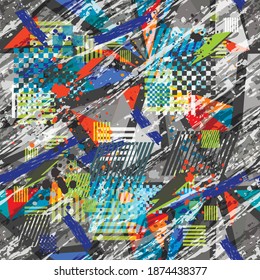 Abstract seamless grunge geometric pattern. Chaotic repeats print for boy, sport textile, clothes, wrapping paper.