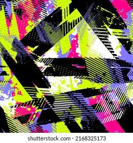 Abstract Seamless Grunge Geometric Pattern In Pink, Green, Purple, Black And White Colors, Shabby Line And Spray Paint Ink. Textured Geometrical Repeat Print. Chaotic Grungy Repeated Ornament