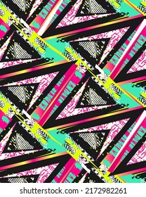Abstract seamless grunge geometric pattern in pink, green, black and white colors. Textured Geometrical repeat print. Tribal repeated ornament. Ethnic cover wrapping paper