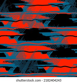 Abstract seamless grunge geometric pattern in blue, black and orange colors. Linear repeat print for sport textile, fashion clothes, wrapping paper. Grungy geometrical ornament for sport textile