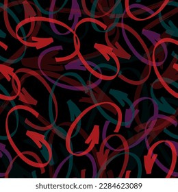 Abstract seamless Grunge geometric pattern with blue and orange arrows, triangles, squares, curved lines. Shabby textured geometrical repeat print for sport textile, clothes, wrapping paper.