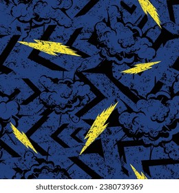 Abstract seamless Grunge geometric pattern with lightnings on dark blue arrows background. Geometrical repeat ornament with explosions clouds.