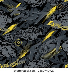 Abstract seamless Grunge geometric pattern with text Fast, explosion. Clouds. Yellow lightning, target sign. Geometrical repeat background with arrows. Explosions clouds, lightnings. Teenager ornament