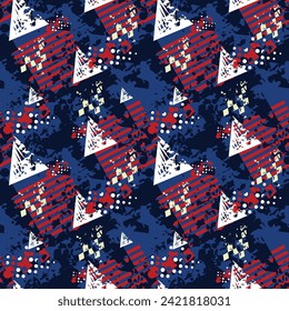 Abstract seamless grunge geometric pattern. Textured Geometrical repeat print. Chaotic repeated ornament. American flag endless grungy paint. Geometric USA pattern
