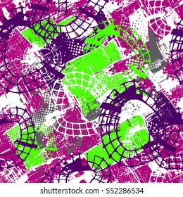 abstract seamless grunge geometric pattern for girls, boys, fashion textile. urban modern design with shape elements. Chaotic repeated backdrop in bright purple, green neon colors.