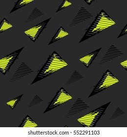 Abstract seamless Grunge geometric pattern for girls, boys, fashion textile. Urban modern design with triangles shape elements. Chaotic repeated backdrop on dark grey background