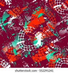 abstract seamless grunge geometric pattern for girls, boys, fashion textile. urban modern design with shape elements. Chaotic repeated backdrop in bright contrast red, orange, azure, white colors.