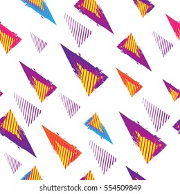 Abstract seamless Grunge geometric pattern for girls, fashion clothes, textile. Urban modern design with colorful triangles. Chaotic repeated backdrop on white background. Funny chaotic wallpaper