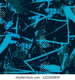 Abstract seamless grunge geometrical pattern. blue lines across repeated backdrop. Dots shabby shape, squares, stripes wallpaper.  For prints, T-shirts, textiles,fabric, web. Urban dark wallpaper.