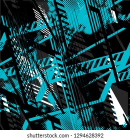 Abstract seamless grunge geometrical pattern. urban repeated backdrop for textile, wrapping paper. Lines elements, triangles, arrows in bright blue, green, black colors.