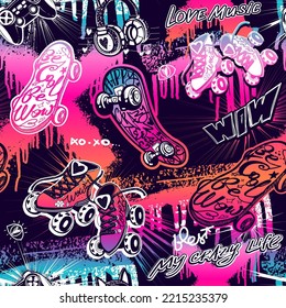 Abstract seamless Grunge girlish pattern with skateboards, roller skates, headphones, game pads and graffiti background. Street art style Repeat print for girl, fashion textile, sport clothes.