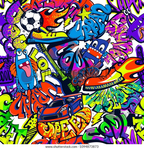Abstract seamless grunge graffiti pattern. colorful
words drawing in teenagers urban graffiti wall style. monster
character,sport car, electro guitar, fire ball, sneakers,
lightning, stars
