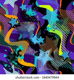 Abstract seamless grunge neon pattern.  Textured grungy repeat print for fashion textile, sport clothes, wrapping paper.