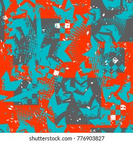 Abstract seamless grunge pattern with arrow, squares, dots, shabby texture on orange background. Geometric Urban chaotic repeated backdrop for textile, clothes, wrapping paper. 