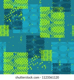 Abstract seamless grunge pattern. Blue and green repeat backdrop for textile, clothes, wrapping paper. Grungy textured background. Geometric wallpaper