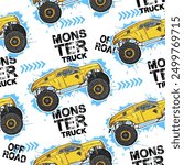 Abstract seamless grunge pattern for boy. Grunge style design with yellow Monster Truck  trace of tire on white background. Drive and speed modern creative wallpaper for guys.