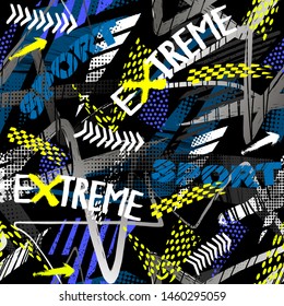 Abstract seamless grunge pattern for boy. Urban style modern background with trace of tire, text and spray elements. Drive and speed modern creative wallpaper for guys. Extreme style