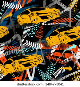 Abstract seamless grunge pattern for boy. Urban style modern background with sport car, trace of tire. Drive and speed modern creative wallpaper for guys. Extreme style