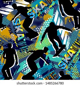 Abstract seamless grunge pattern for boy. Urban style modern background with boys on skateboards.  Sport extreme  style creative wallpaper for guys.