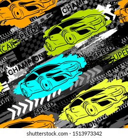 Abstract seamless grunge pattern for boy. Urban style modern background with sport car, trace of tire. Drive and speed modern creative wallpaper for guys. Extreme style