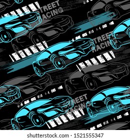 Abstract seamless grunge pattern for boy. Urban style modern background with sport car. Drive and speed modern creative wallpaper for boys. Extreme style