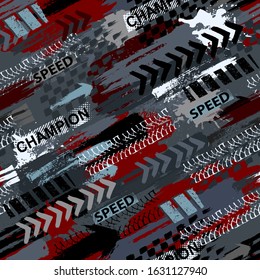Abstract seamless grunge pattern for boy. Urban style modern background with lightning, dots and spray elements. Drive and speed modern creative wallpaper for guys.