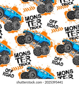 Abstract seamless grunge pattern for boy. Urban style modern background with Monster Truck car, trace of tire. Drive and speed modern creative wallpaper for guys. Extreme style