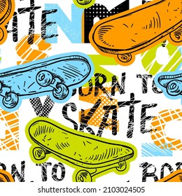 Abstract seamless grunge pattern for boy. Urban style modern background with skateboards. Sport extreme style creative wallpaper for guys.