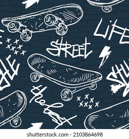 Abstract seamless grunge pattern for boy. Urban style modern background with skateboards. Sport extreme style creative wallpaper for guys.