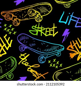 Abstract seamless grunge pattern for boy. Urban style modern background with colourful skateboards. Sport extreme style creative wallpaper for guys.