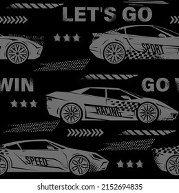 Abstract seamless grunge pattern for boy. Urban style modern background with sport car. Drive and speed modern creative wallpaper for guys. Extreme style